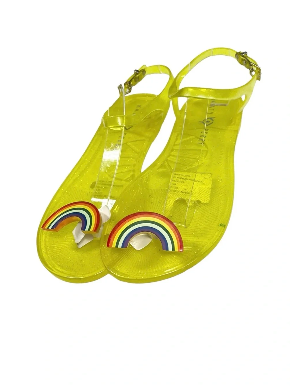 🌈NEW w/tag Katy Perry Geli Sandals Yellow Rainbow Glitter Jelly Sandals Size 9